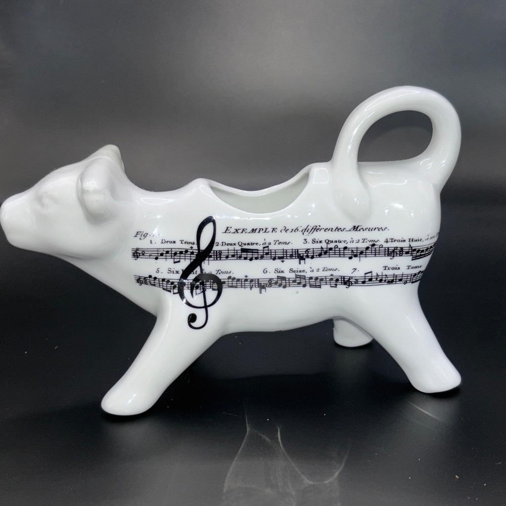 Vintage White Ceramic Cow Creamer Pitcher with Black Sheet Music Treble Clef